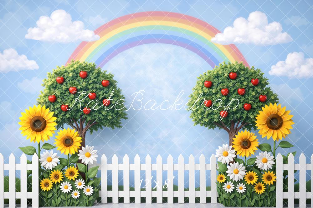 Kate Rainbow Apple Trees Sunflowers Daisies Fence Backdrop Designed by Mini MakeBelieve - Image 8