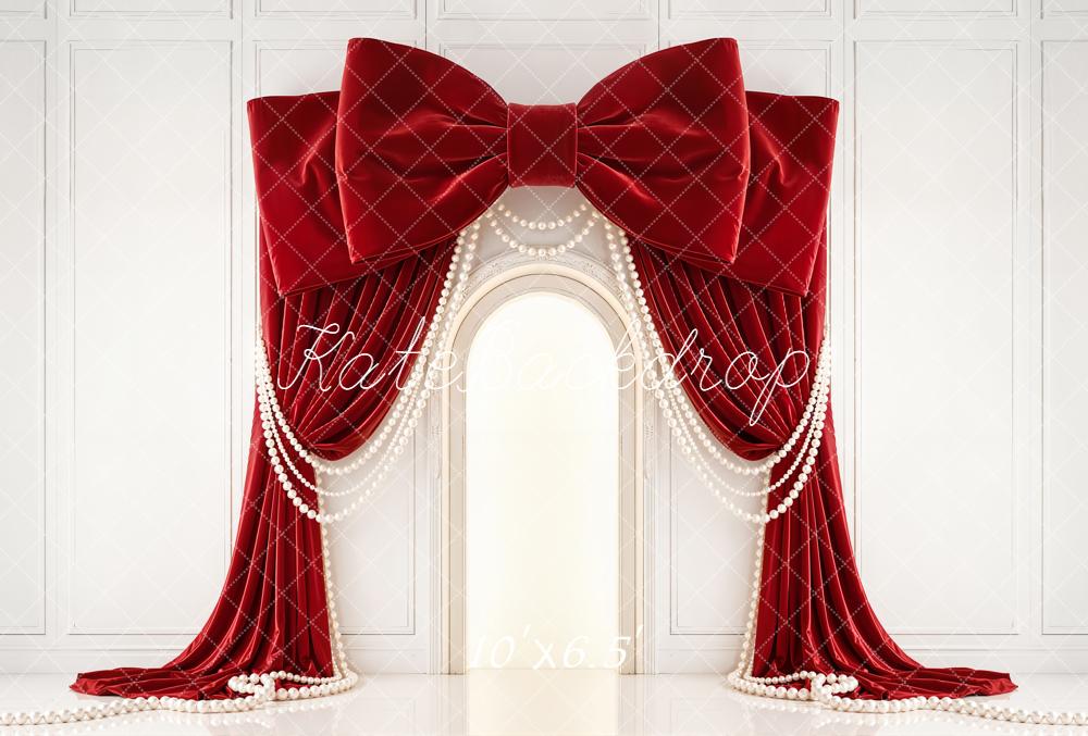 Kate Red Bow Drapes Pearls Fleece Backdrop Designed by Emetselch - Image 2