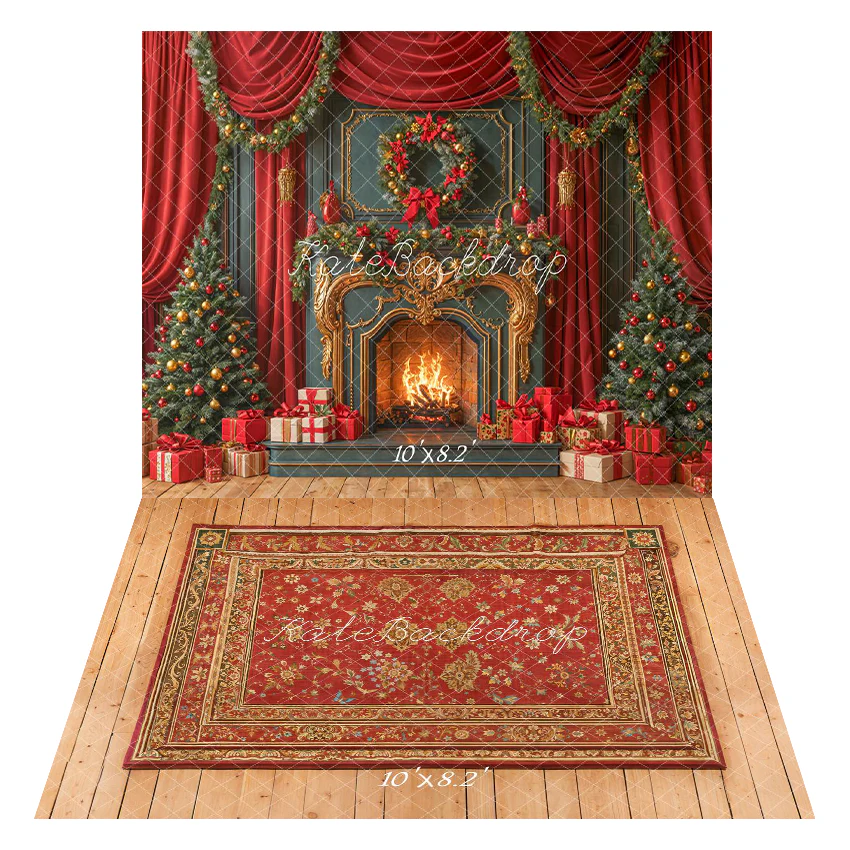 Kate Red Christmas Fireplace Garland Curtains Backdrop+Rug Wood Floor Backdrop - Image 2