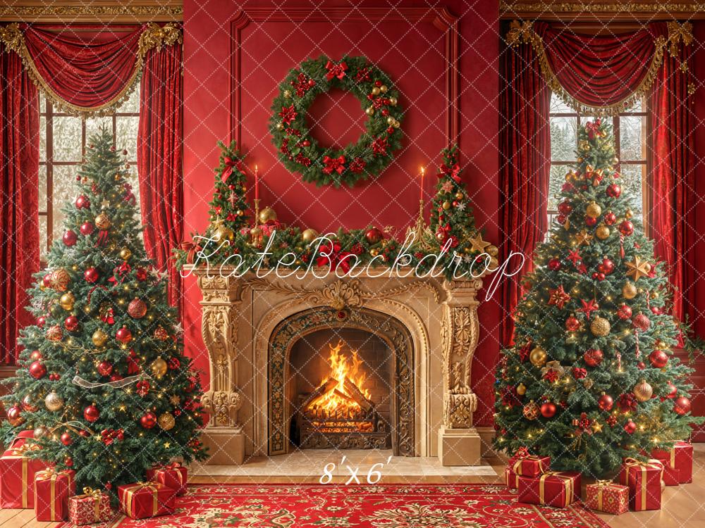 Kate Red Christmas Fireplace Wreath Trees Backdrop Designed by Emetselch - Image 3