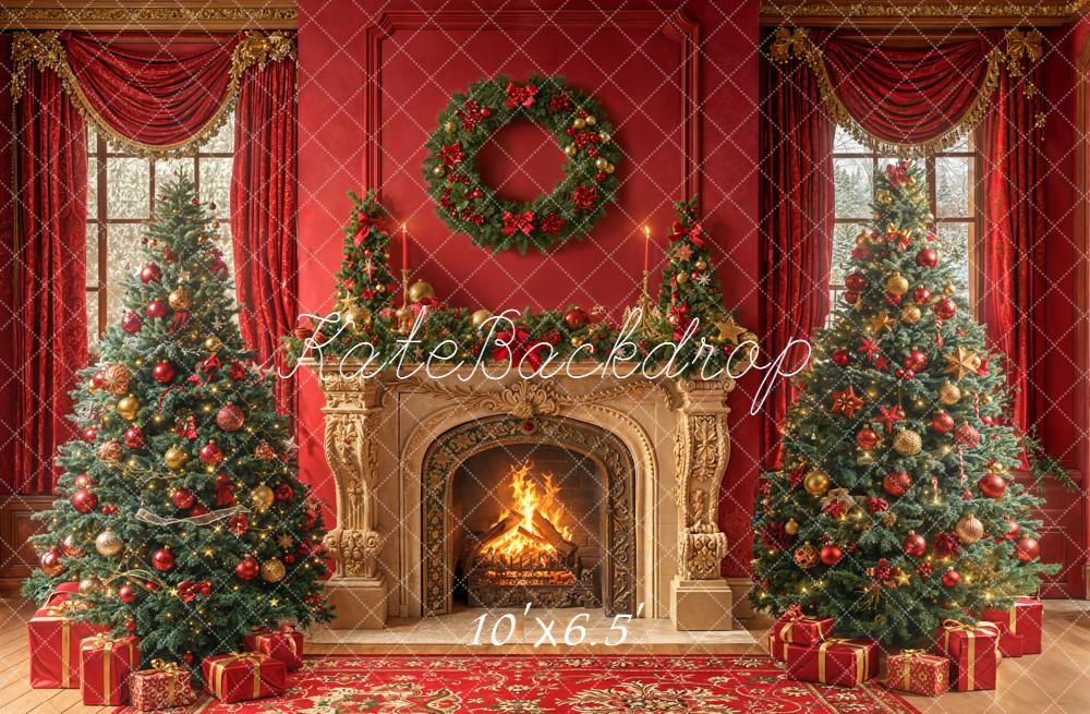 Kate Red Christmas Fireplace Wreath Trees Backdrop Designed by Emetselch - Image 4