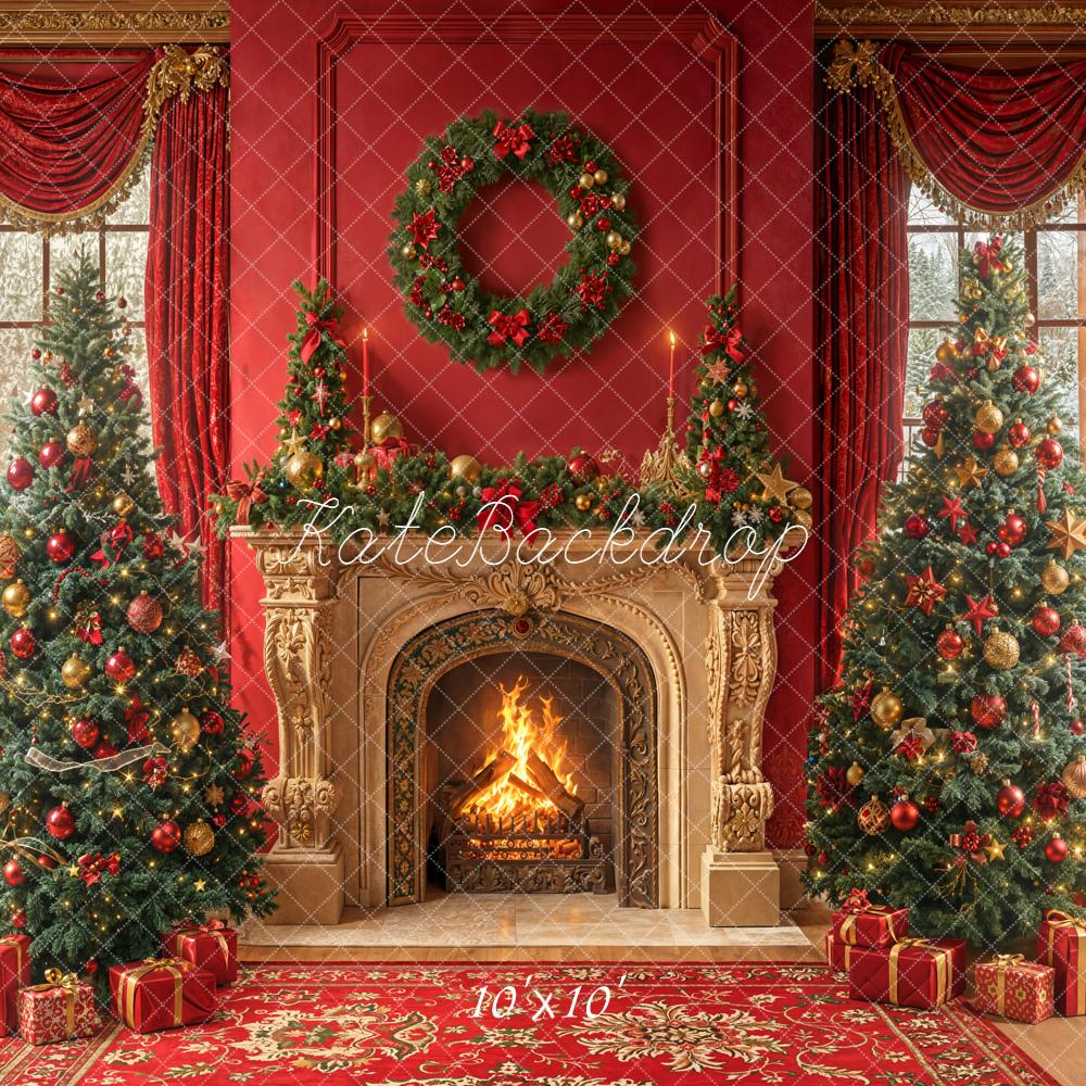 Kate Red Christmas Fireplace Wreath Trees Backdrop Designed by Emetselch - Image 7