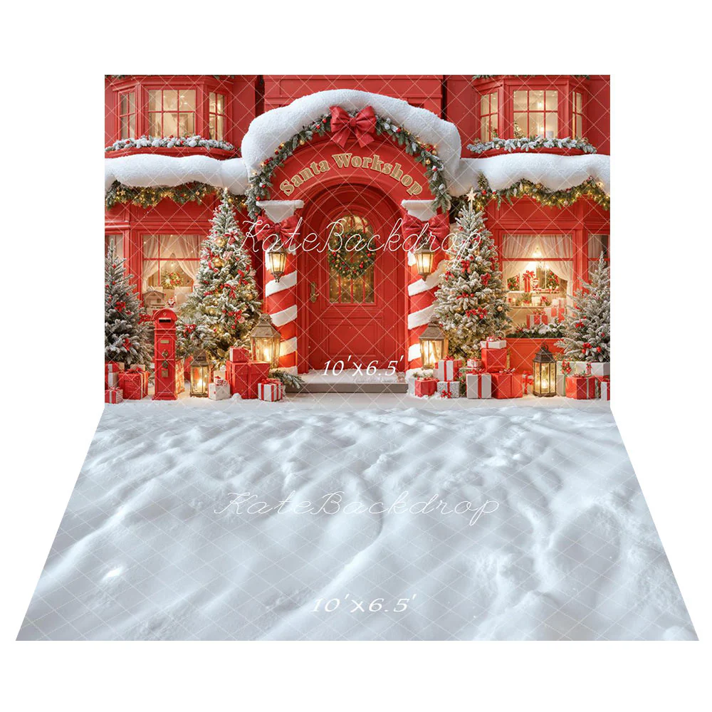 Kate Red Christmas Santa Workshop Trees Backdrop+Winter Snow Floor Backdrop - Image 2