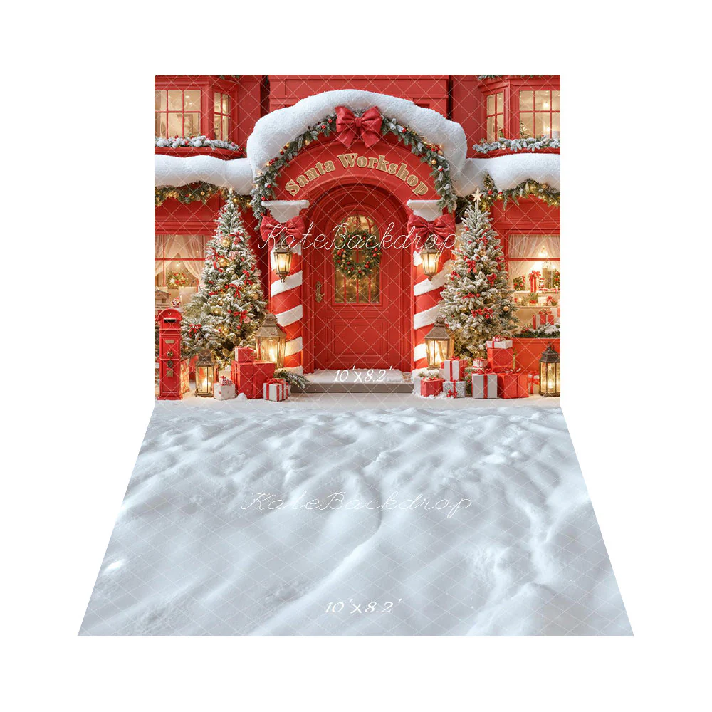 Kate Red Christmas Santa Workshop Trees Backdrop+Winter Snow Floor Backdrop - Image 3