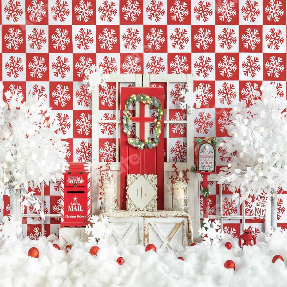 Kate Red Christmas Snow Winter Checkered Backdrop  Designed by Emetselch - Image 2