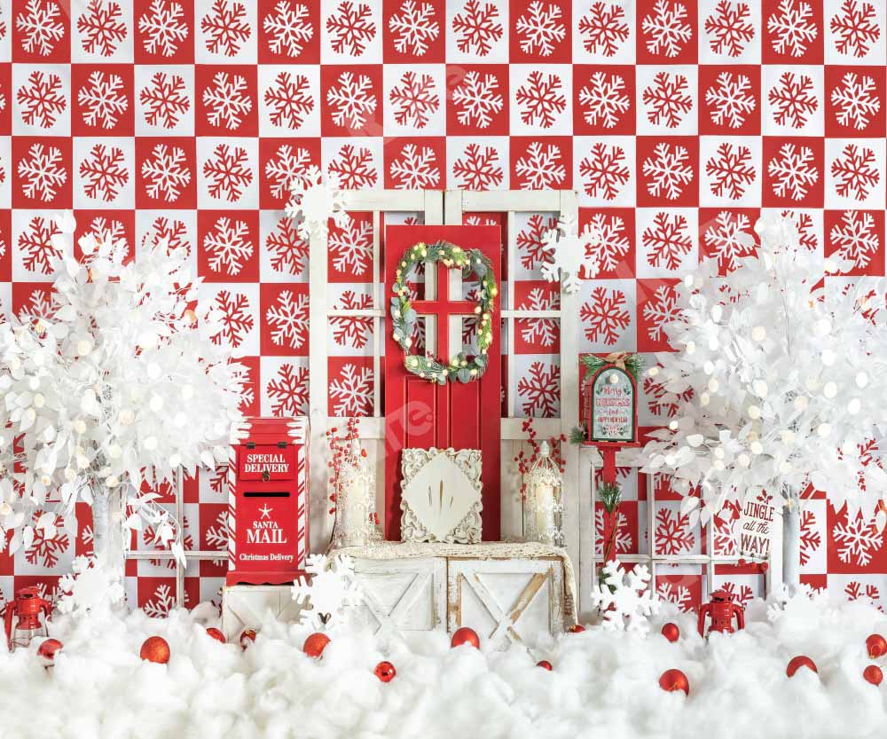Kate Red Christmas Snow Winter Checkered Backdrop  Designed by Emetselch - Image 3