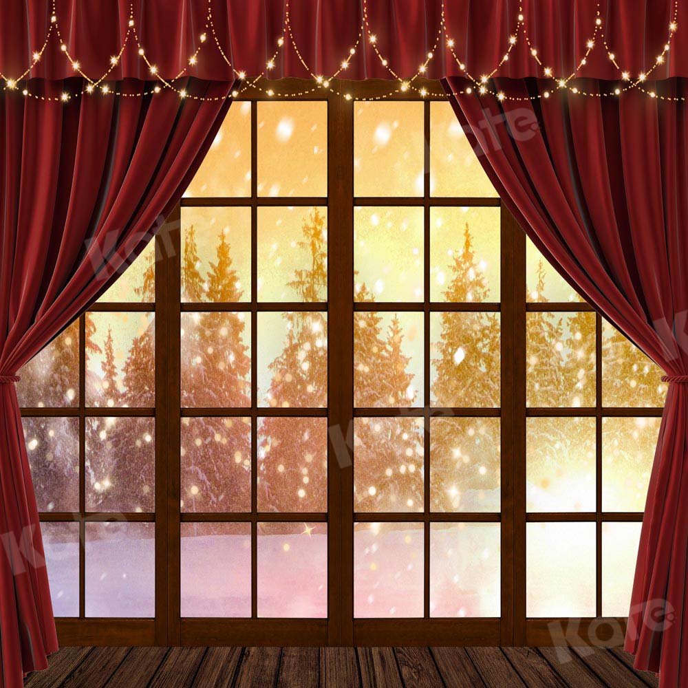 Kate Red Curtain Window Winter Snow Backdrop Designed by Chain Photography - Image 2
