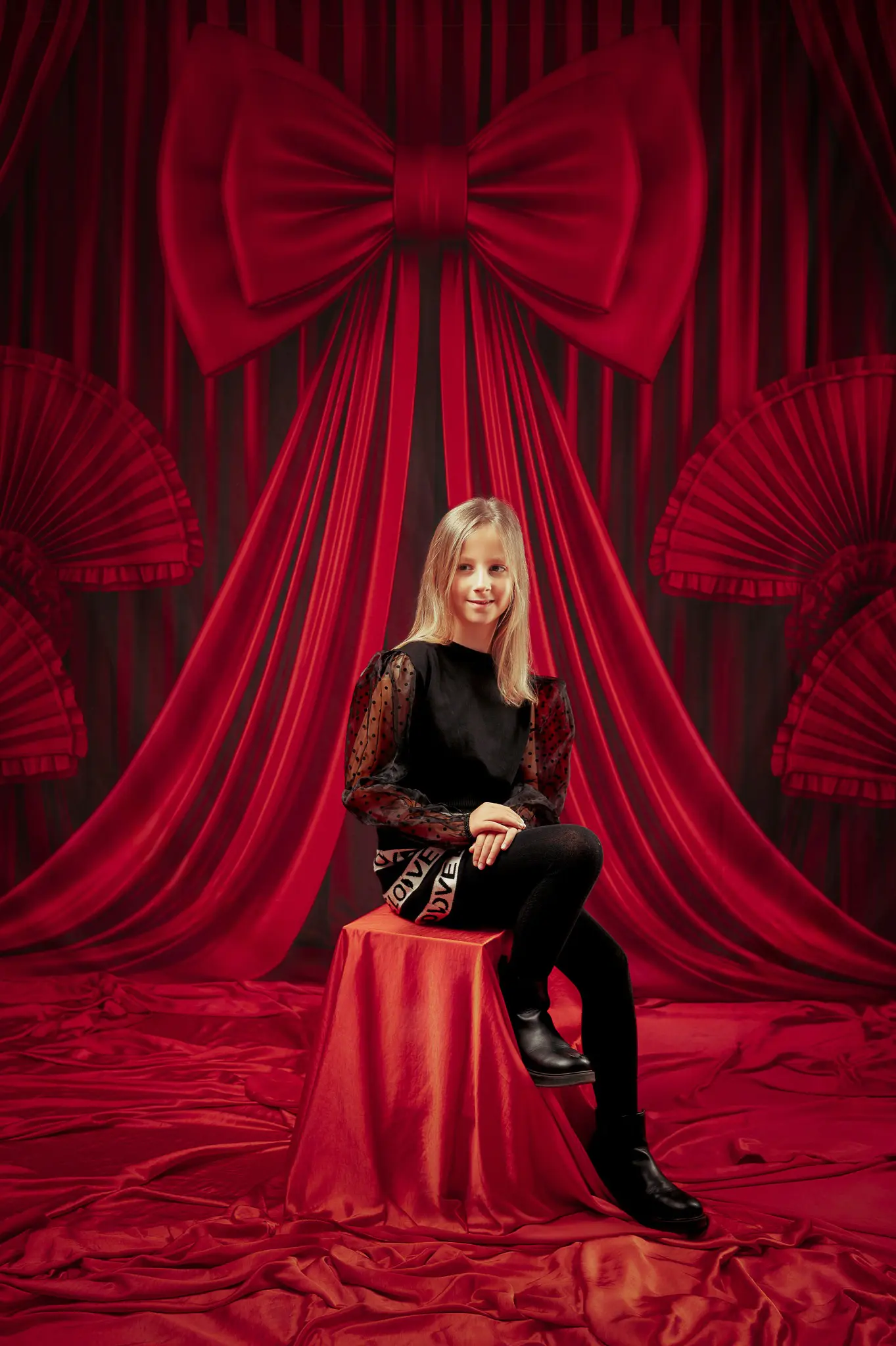Kate Red Curtains Bow Fans Backdrop Designed by Patty Robert - Image 4