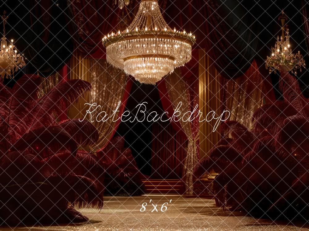 Kate Red Curtains Crystal Chandeliers Feathers Fleece Backdrop Designed by Emetselch