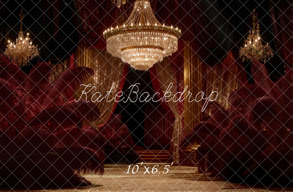 Kate Red Curtains Crystal Chandeliers Feathers Fleece Backdrop Designed by Emetselch - Image 2
