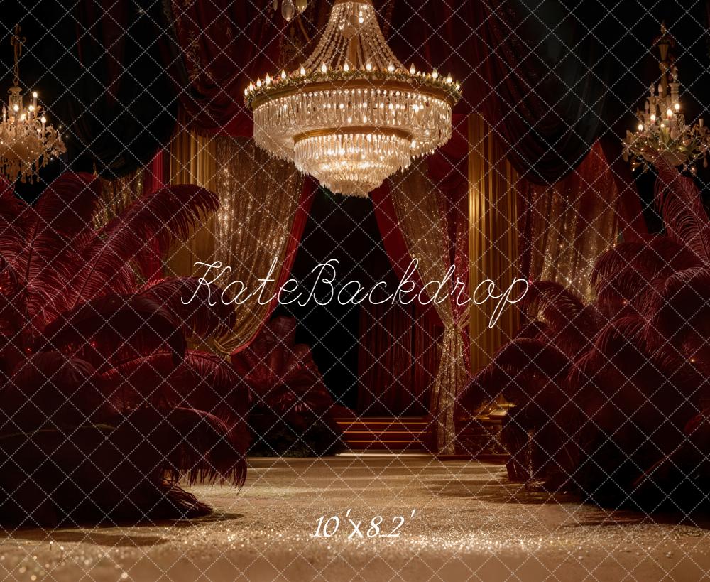 Kate Red Curtains Crystal Chandeliers Feathers Fleece Backdrop Designed by Emetselch - Image 3