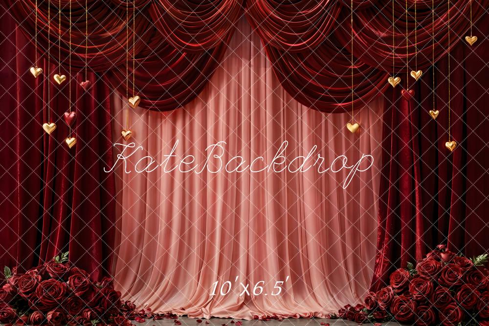 Kate Red Curtains Pink Drapes Hearts Fleece Backdrop Designed by Emetselch - Image 2