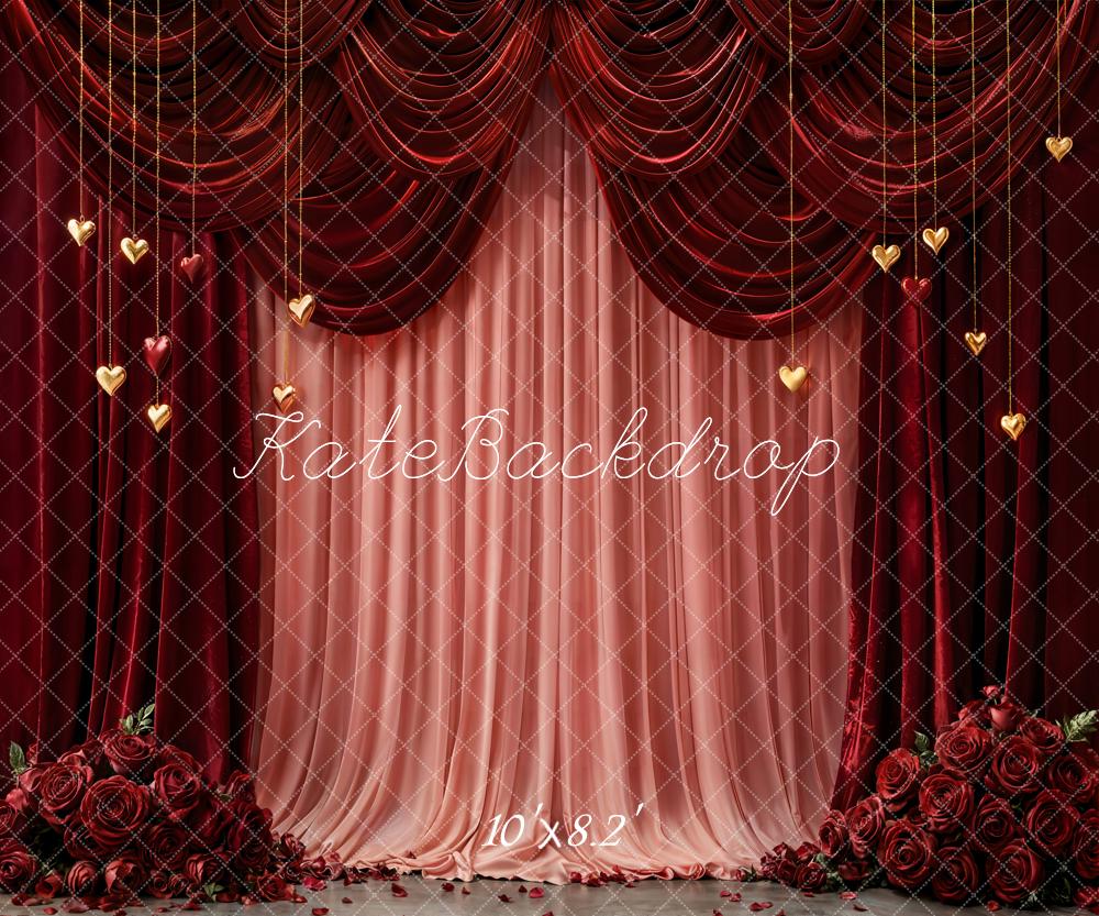 Kate Red Curtains Pink Drapes Hearts Fleece Backdrop Designed by Emetselch - Image 3