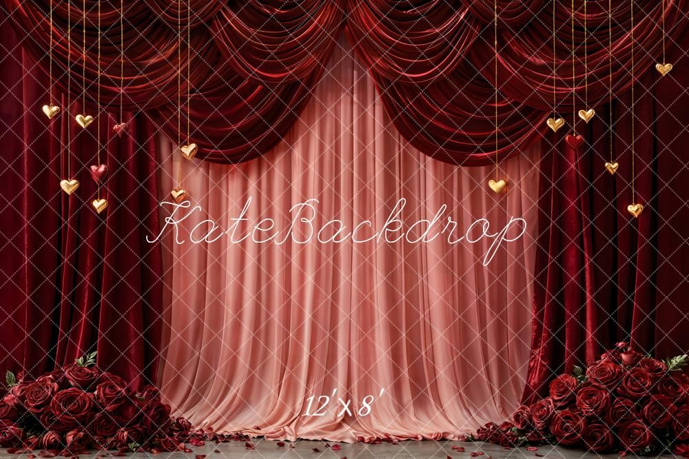 Kate Red Curtains Pink Drapes Hearts Fleece Backdrop Designed by Emetselch - Image 4