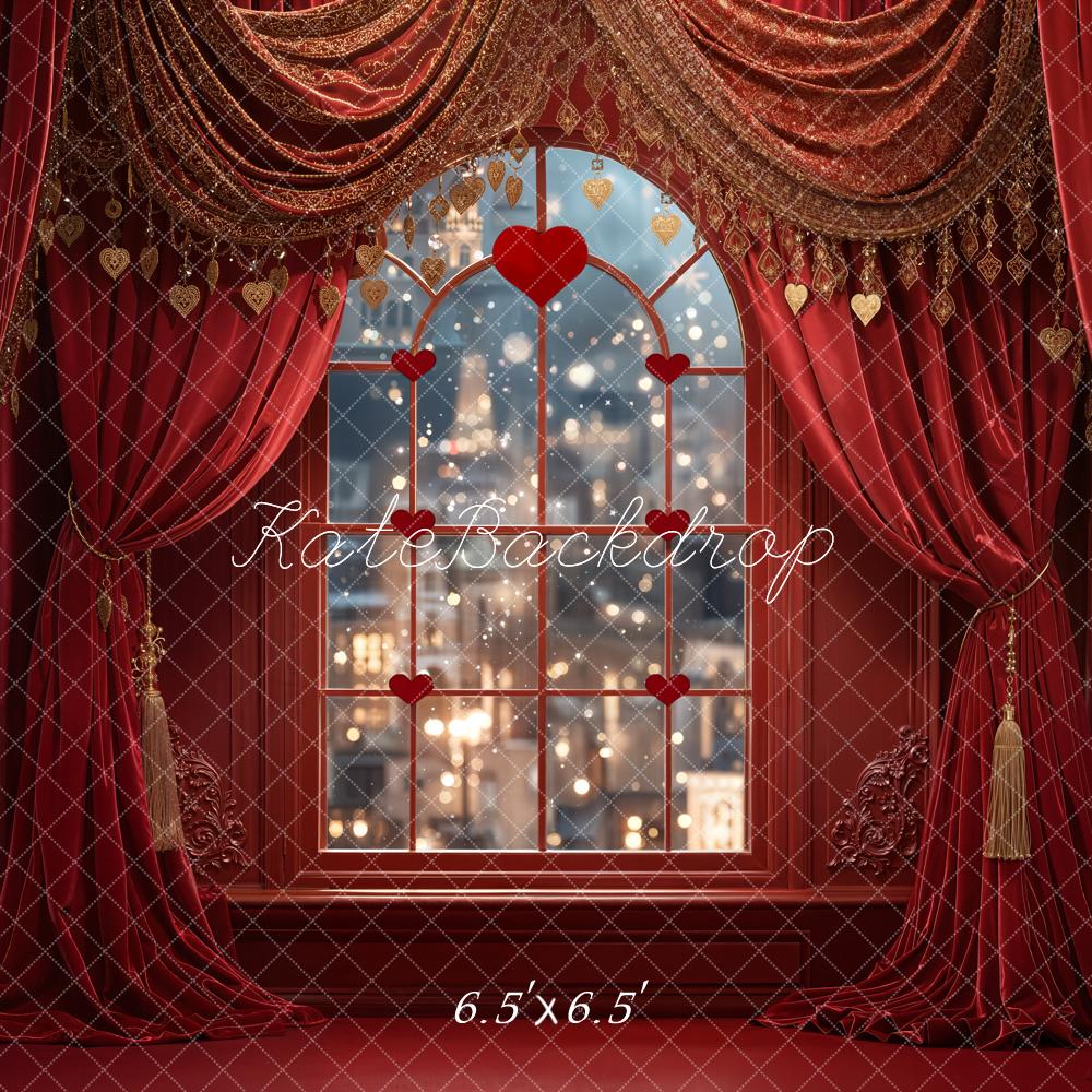 Kate Valentine Red Curtains Window City Lights Backdrop Designed by Emetselch - Image 2