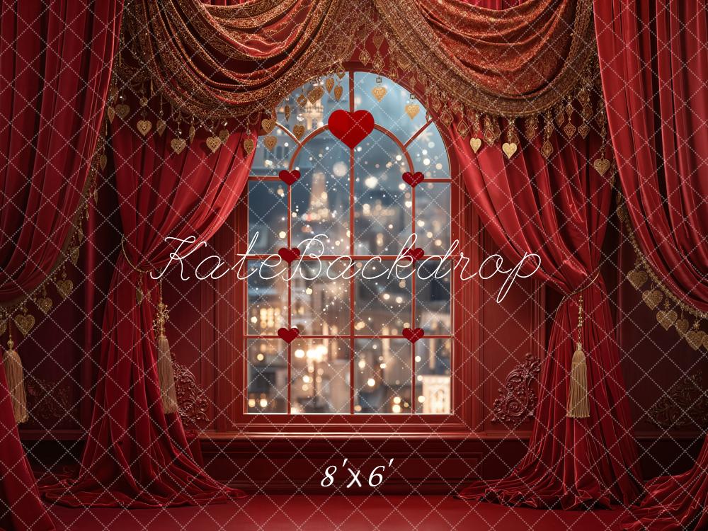 Kate Valentine Red Curtains Window City Lights Backdrop Designed by Emetselch - Image 3