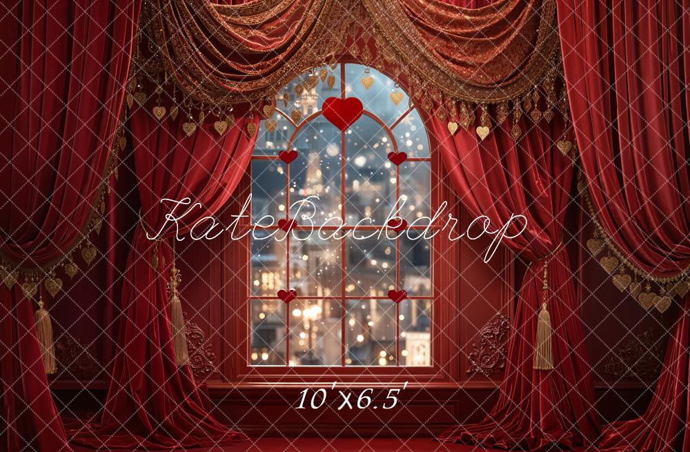 Kate Valentine Red Curtains Window City Lights Backdrop Designed by Emetselch - Image 4