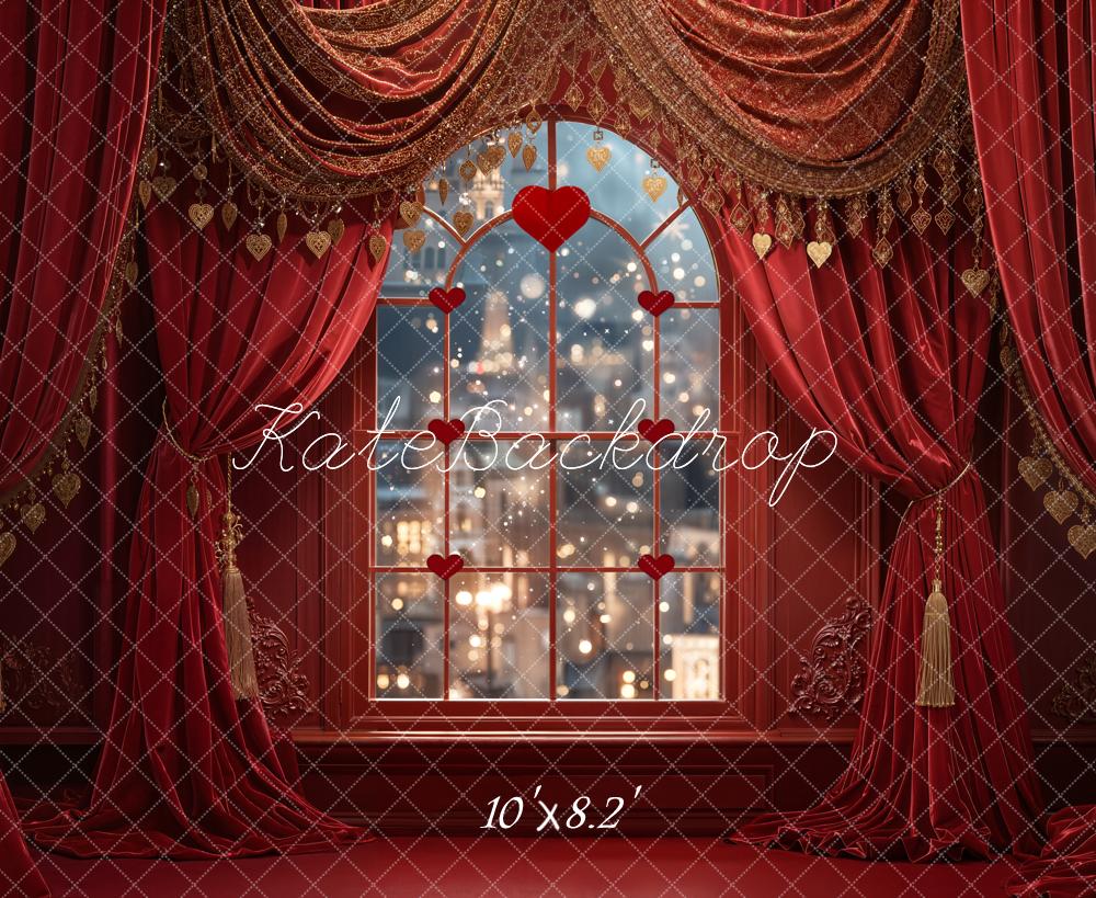 Kate Valentine Red Curtains Window City Lights Backdrop Designed by Emetselch - Image 6