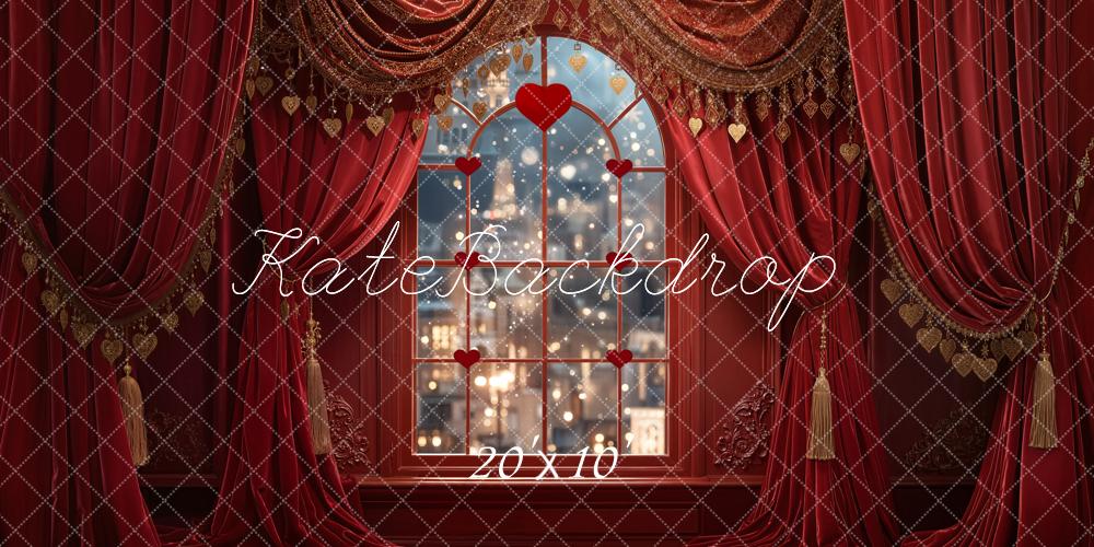 Kate Valentine Red Curtains Window City Lights Backdrop Designed by Emetselch - Image 8