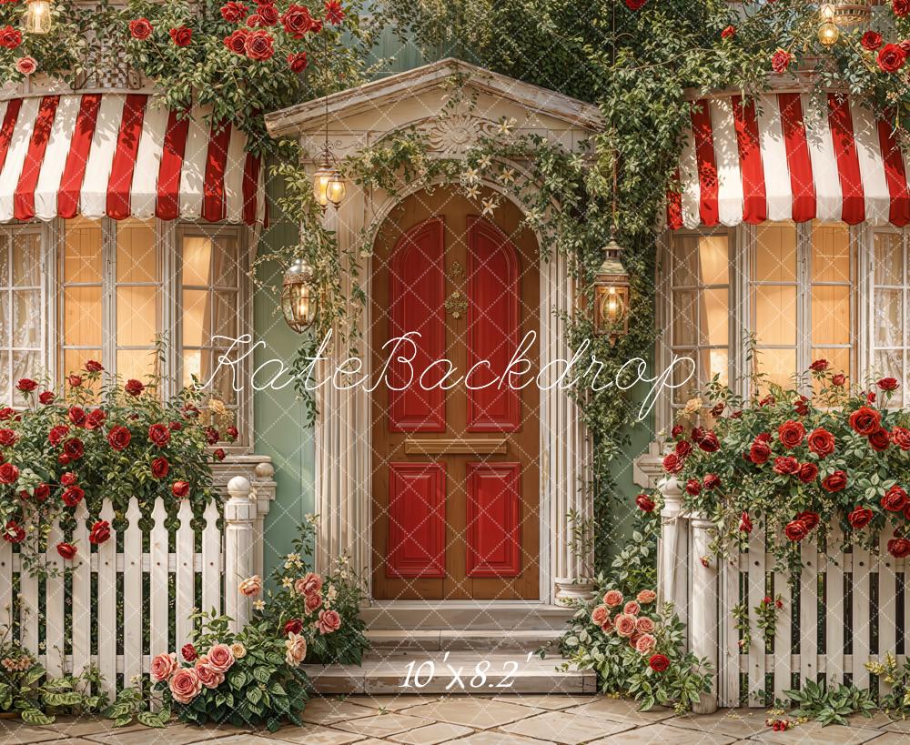Kate Red Door Striped Awning Rose Garden Fleece Backdrop Designed by Emetselch - Image 3