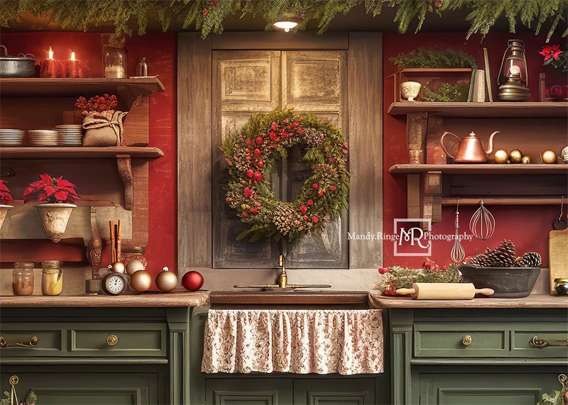 Kate Red&Green Christmas Kitchen Backdrop Designed by Mandy Ringe Photography - Image 2