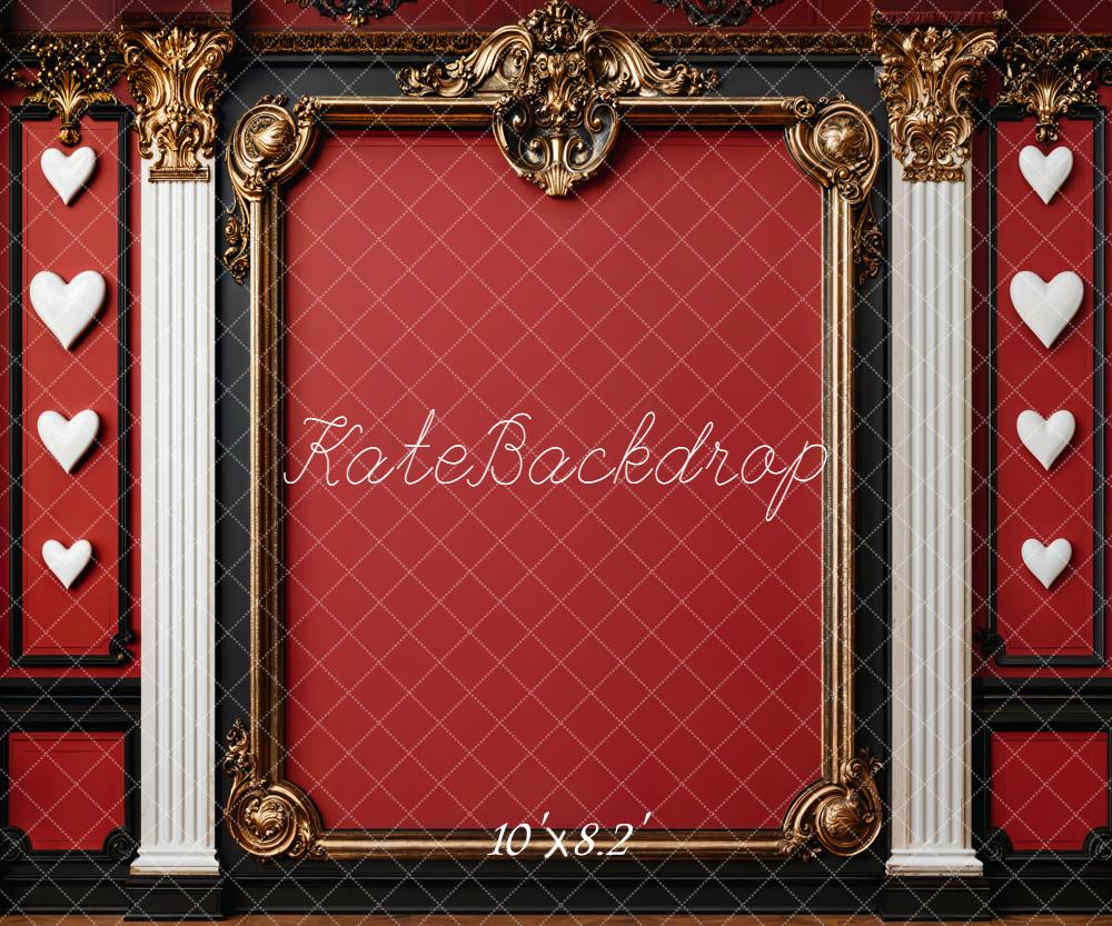 Kate Red Ornate Gold Frame Columns Hearts Fleece Backdrop Designed by Emetselch - Image 3
