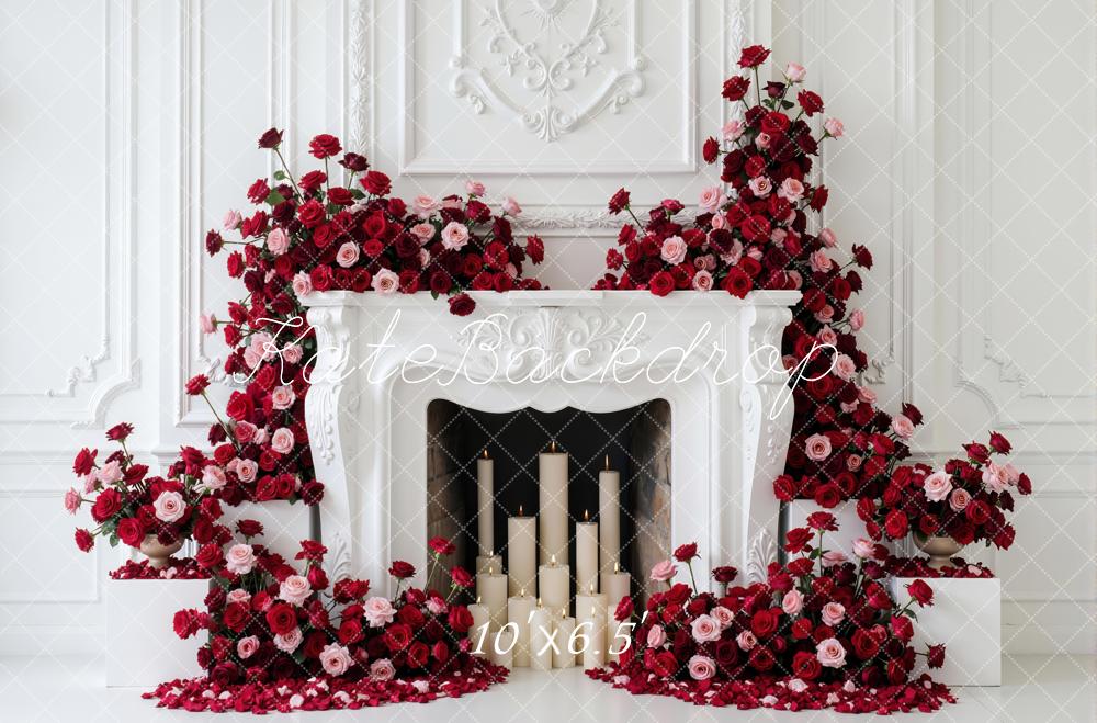Kate Red Pink Roses Fireplace White Wall Backdrop Designed by Mini MakeBelieve - Image 4
