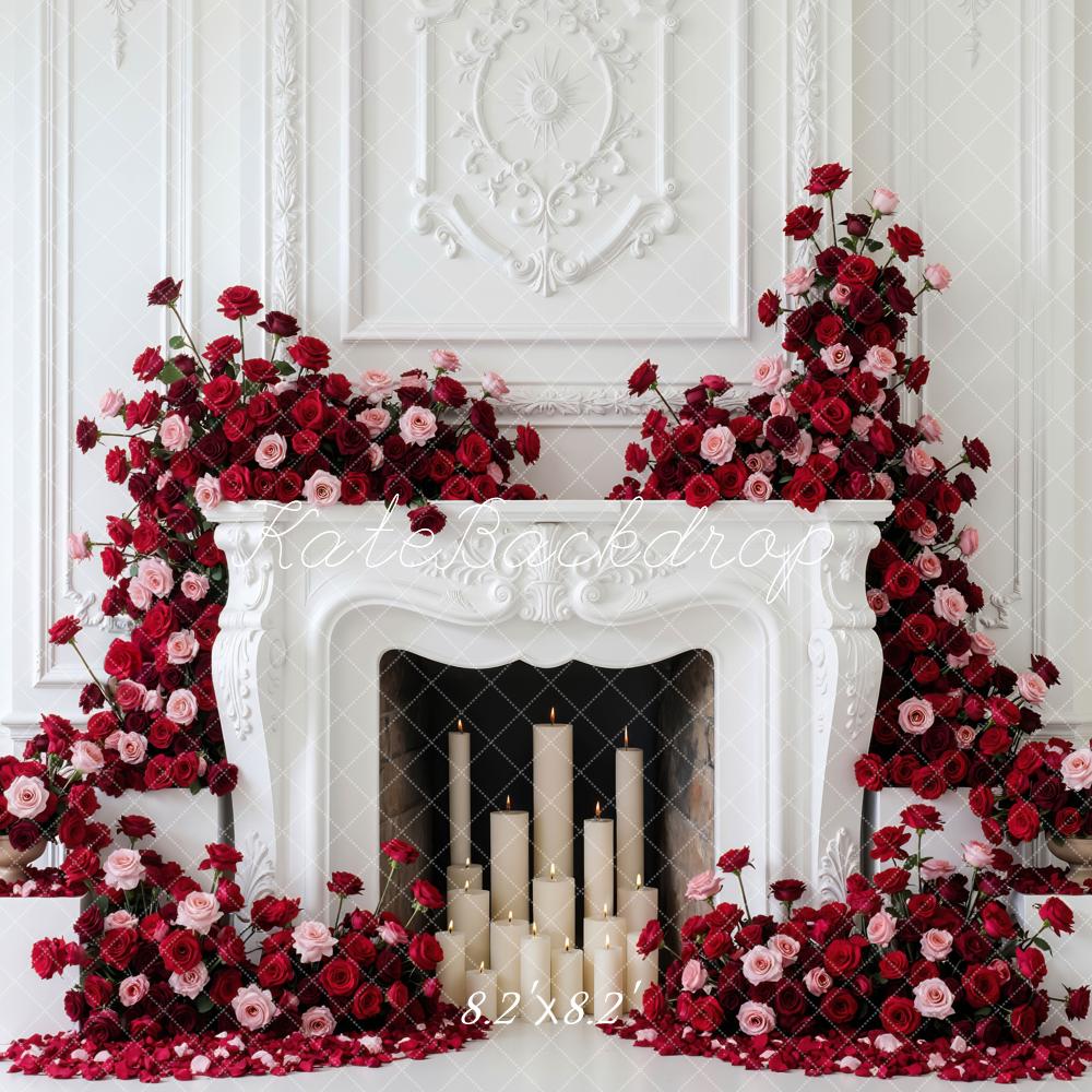 Kate Red Pink Roses Fireplace White Wall Backdrop Designed by Mini MakeBelieve - Image 5