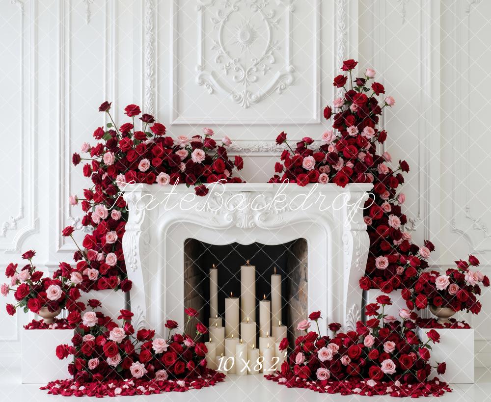 Kate Red Pink Roses Fireplace White Wall Backdrop Designed by Mini MakeBelieve - Image 6