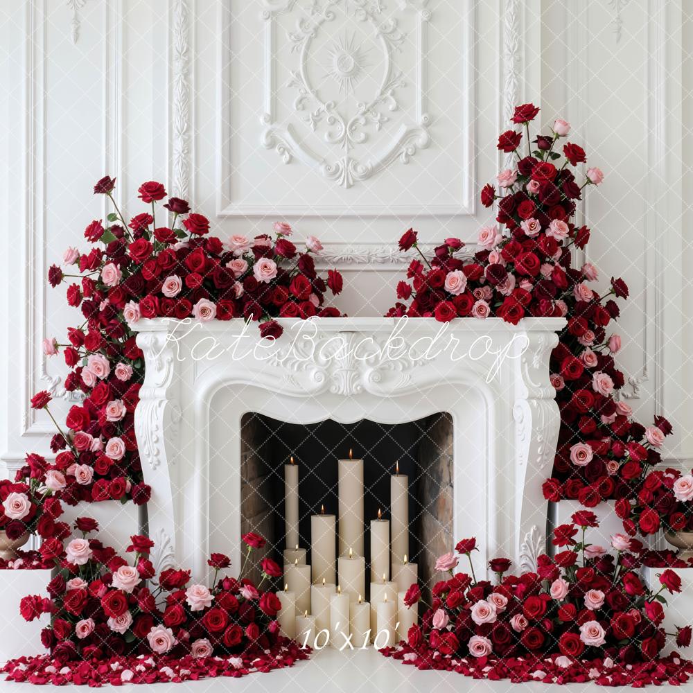 Kate Red Pink Roses Fireplace White Wall Backdrop Designed by Mini MakeBelieve - Image 7