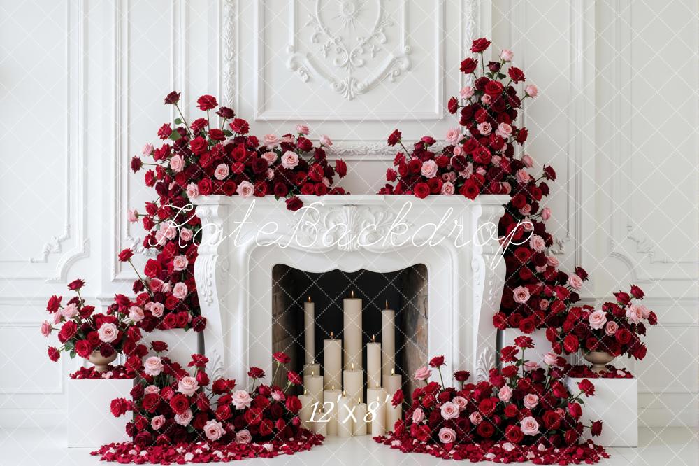 Kate Red Pink Roses Fireplace White Wall Backdrop Designed by Mini MakeBelieve - Image 8