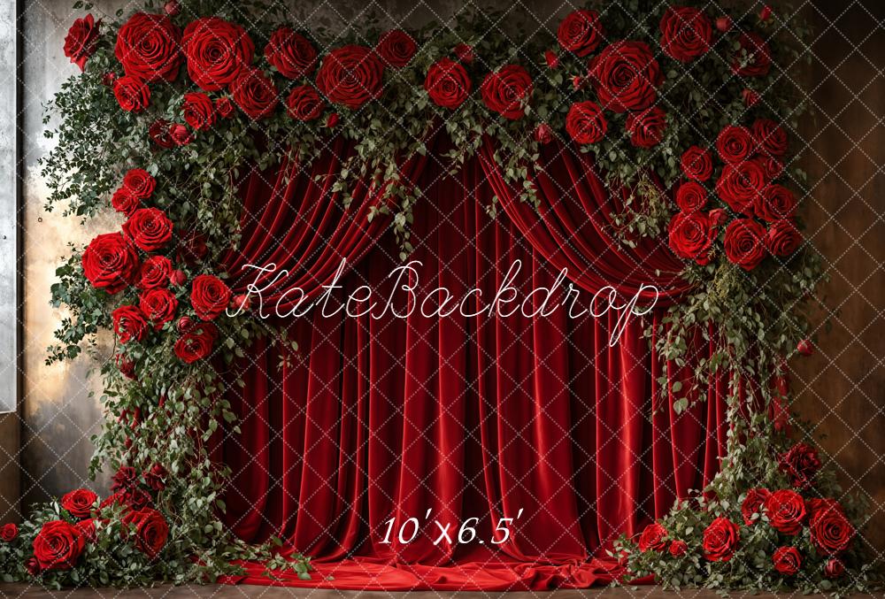 Kate Red Roses Curtains Fleece Backdrop Designed by Emetselch - Image 2