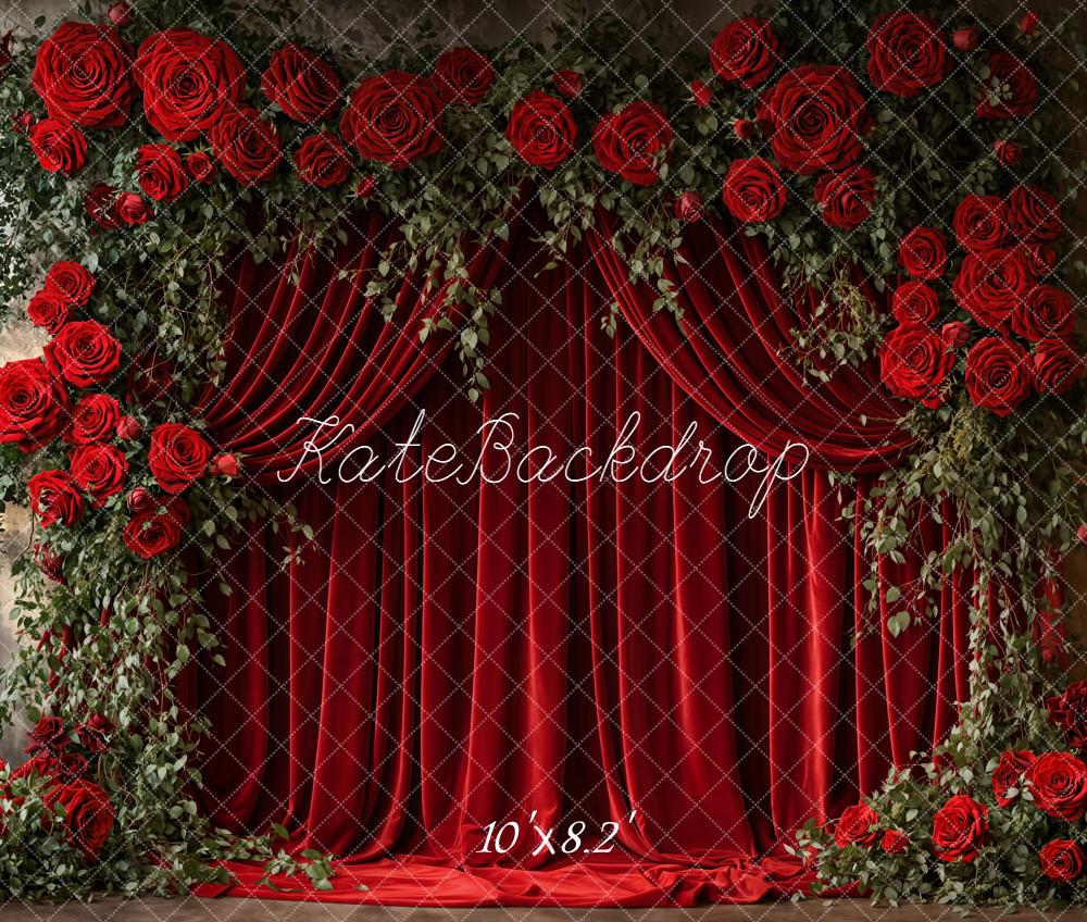 Kate Red Roses Curtains Fleece Backdrop Designed by Emetselch - Image 3