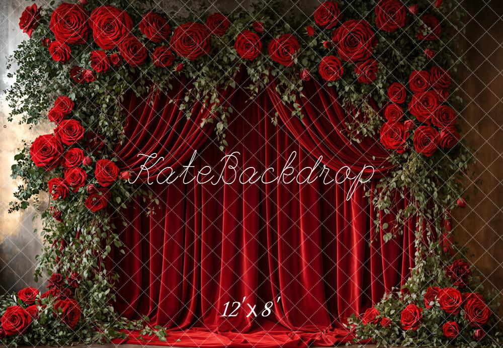 Kate Red Roses Curtains Fleece Backdrop Designed by Emetselch - Image 4