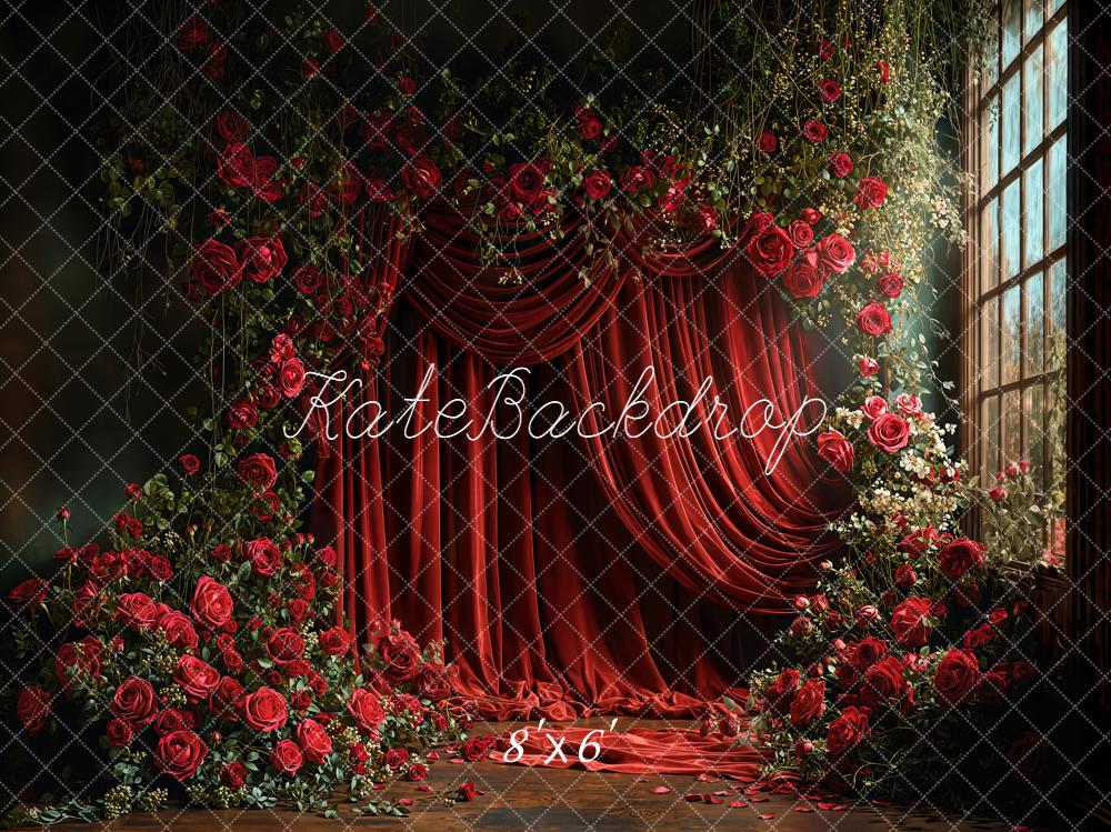 Kate Red Roses Floral Curtains Window Fleece Backdrop Designed by Emetselch