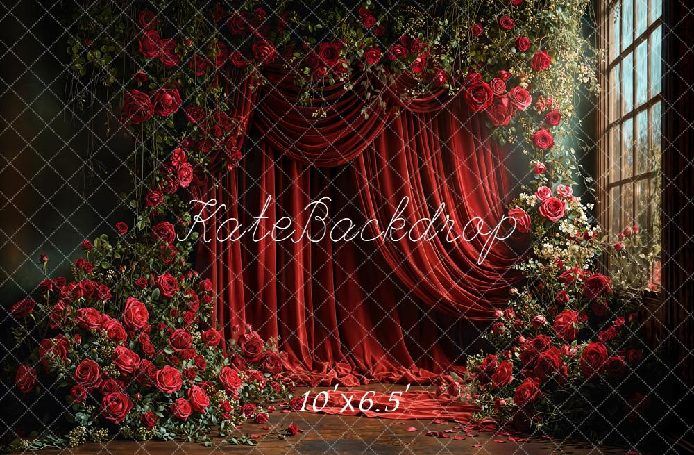 Kate Red Roses Floral Curtains Window Fleece Backdrop Designed by Emetselch - Image 2