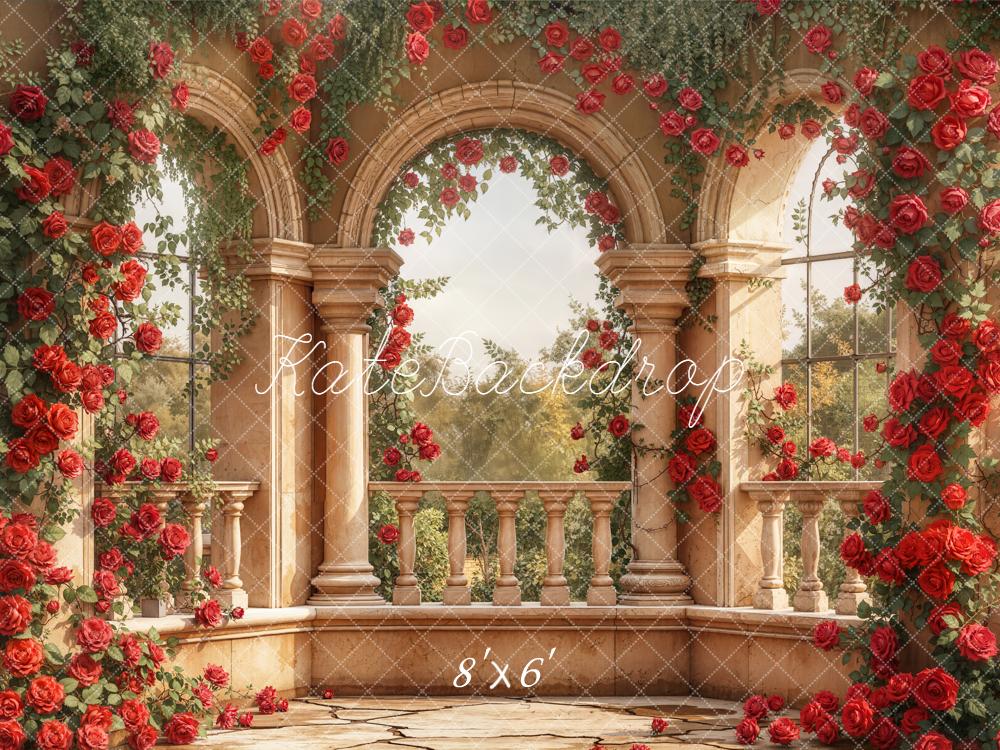 Kate Red Roses Stone Balcony Arches Backdrop Designed by Emetselch - Image 3