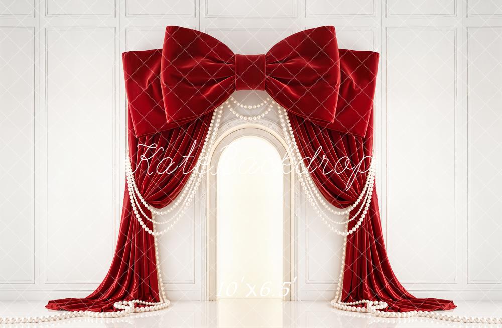 Kate Red Velvet Bow Curtains Pearls Backdrop Designed by Emetselch - Image 4