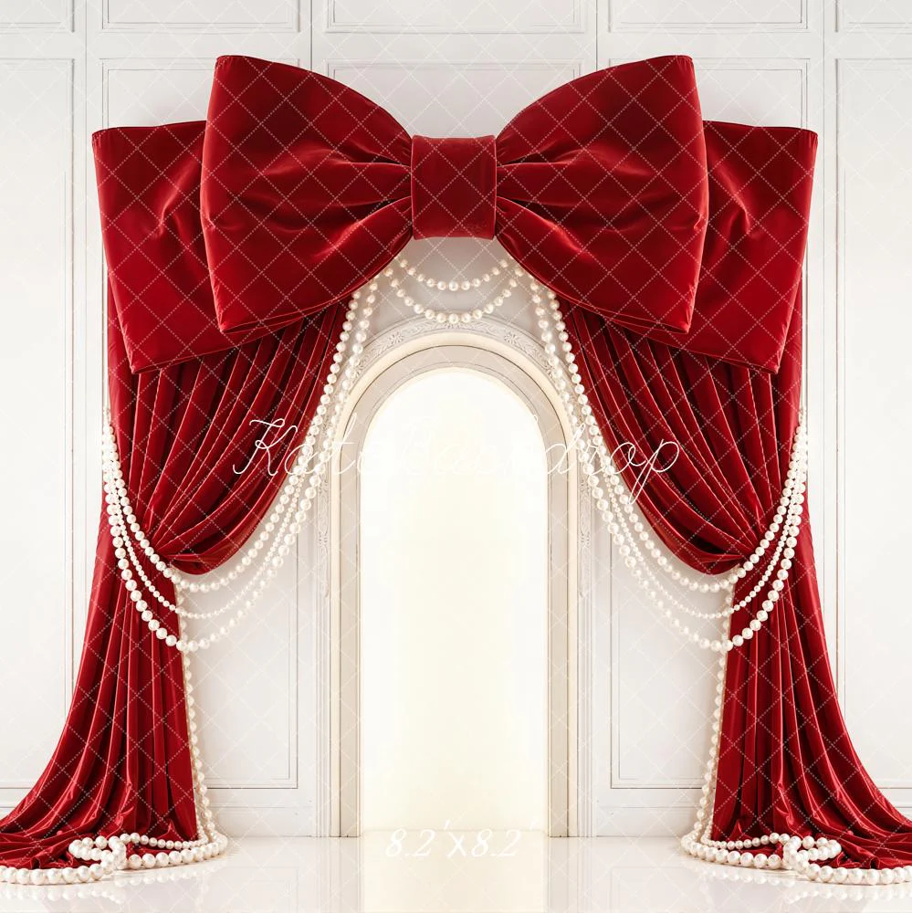 Kate Red Velvet Bow Curtains Pearls Backdrop Designed by Emetselch - Image 5