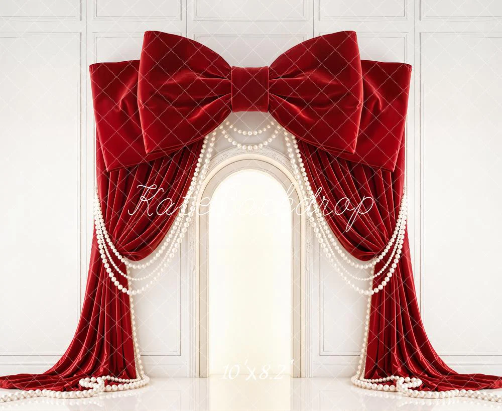 Kate Red Velvet Bow Curtains Pearls Backdrop Designed by Emetselch - Image 6