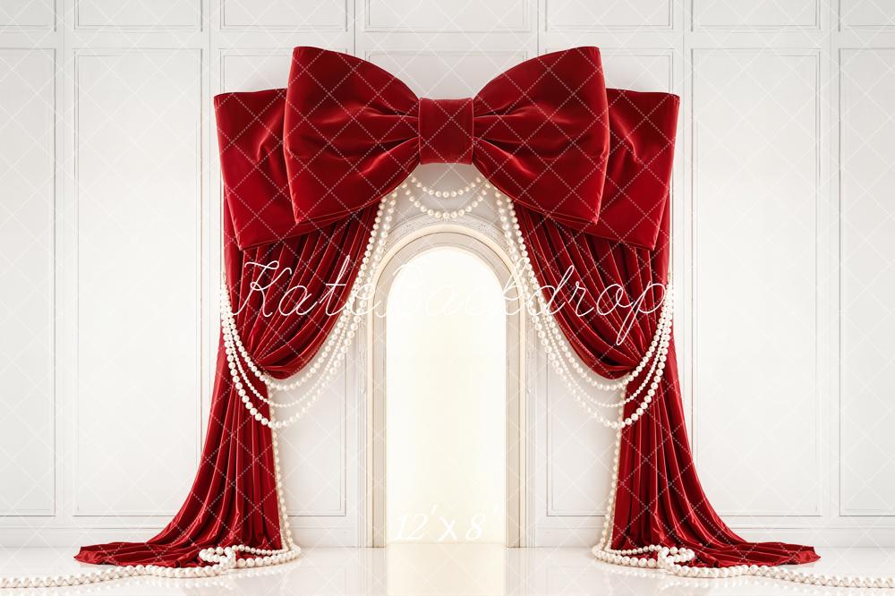 Kate Red Velvet Bow Curtains Pearls Backdrop Designed by Emetselch - Image 8