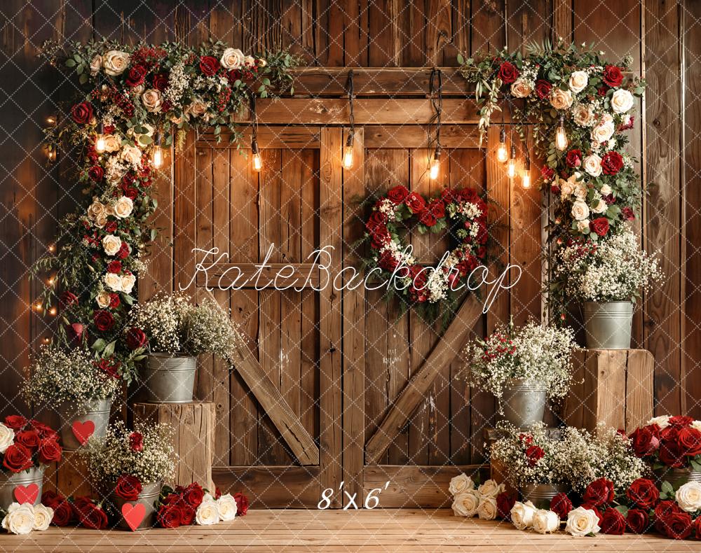 Kate Red White Roses Rustic Wood Door Fleece Backdrop Designed by Emetselch