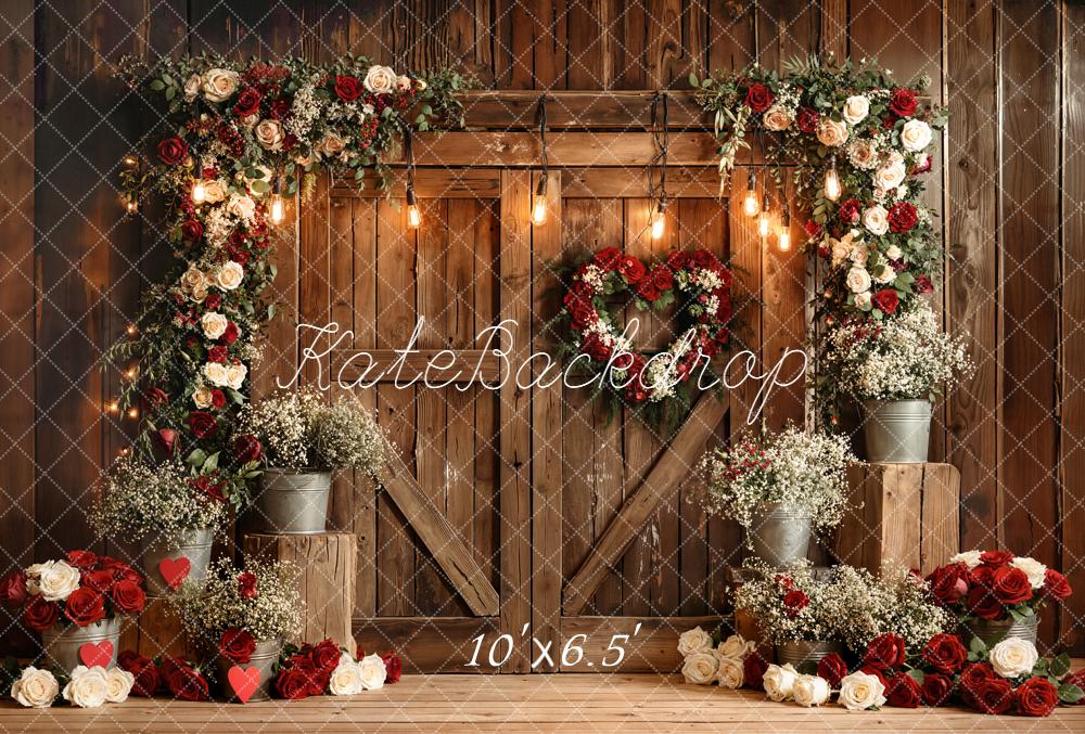 Kate Red White Roses Rustic Wood Door Fleece Backdrop Designed by Emetselch - Image 2