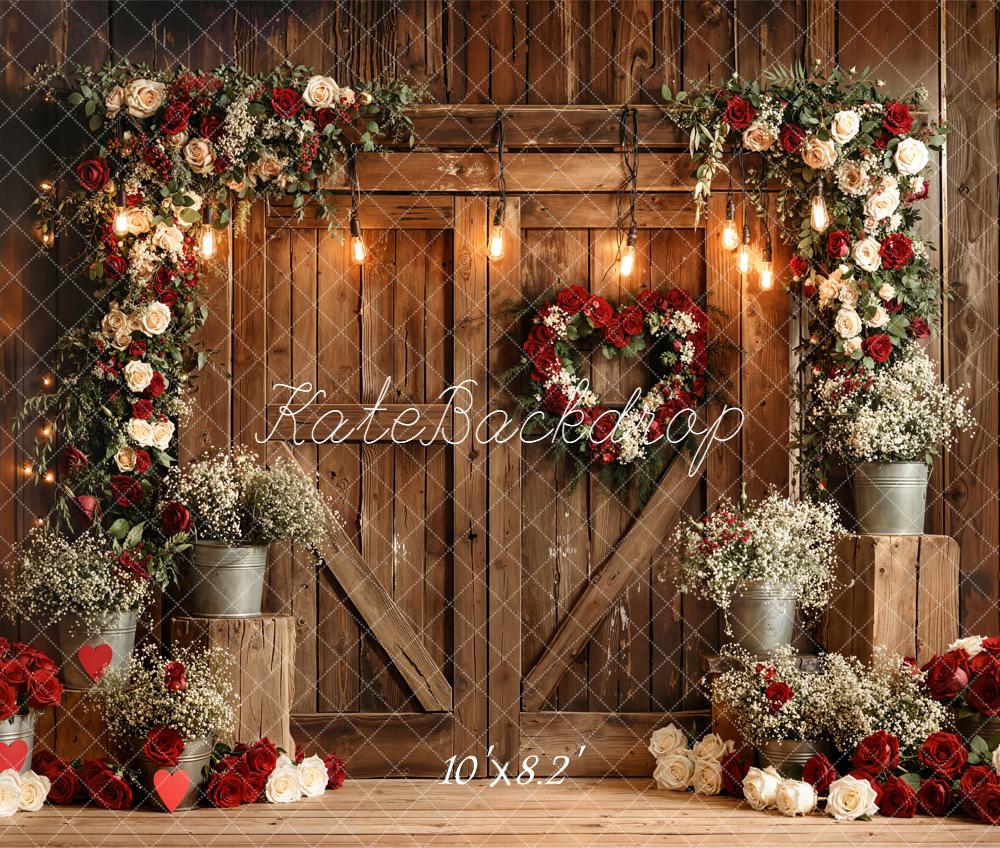 Kate Red White Roses Rustic Wood Door Fleece Backdrop Designed by Emetselch - Image 3