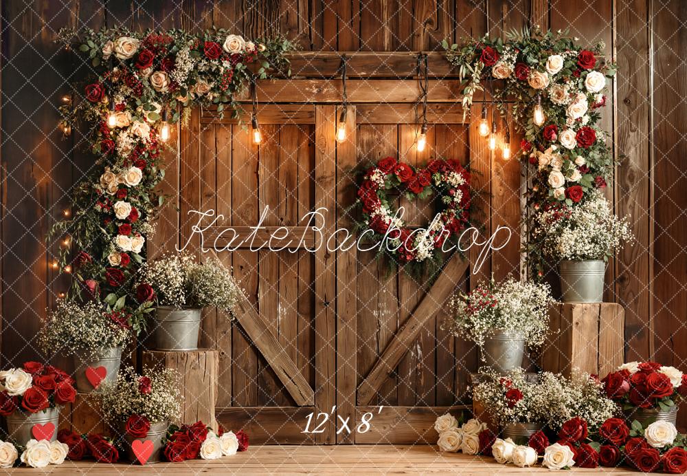 Kate Red White Roses Rustic Wood Door Fleece Backdrop Designed by Emetselch - Image 4