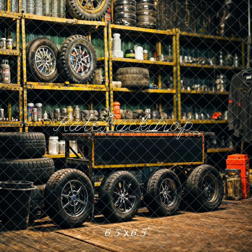 Kate Retro Black Gold Tire Garage Backdrop Designed by Emetselch - Image 2