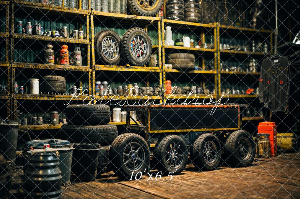 Kate Retro Black Gold Tire Garage Backdrop Designed by Emetselch - Image 4