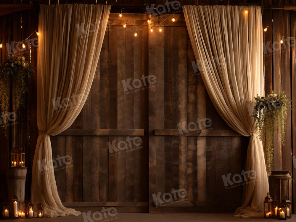 Kate Retro Brown Curtain Wood Wedding Backdrop for Photography - Image 3