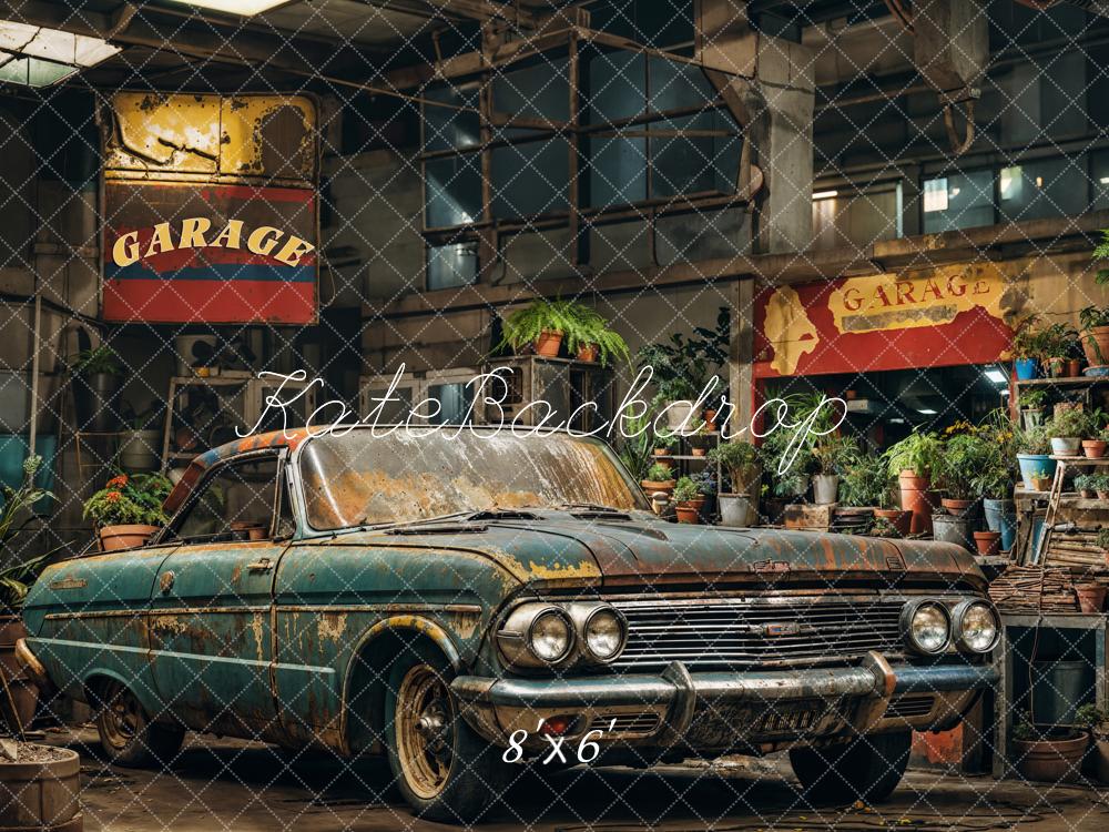 Kate Retro Dark Green Car Garage Backdrop Designed by Emetselch - Image 3