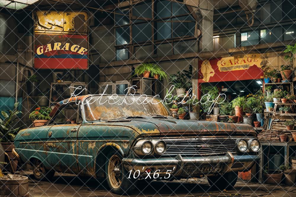 Kate Retro Dark Green Car Garage Backdrop Designed by Emetselch - Image 4